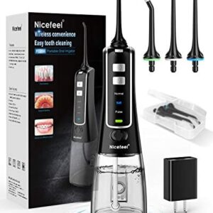 Nicefeel Cordless and Rechargeable Water Flosser – 300ML Water Tank Oral Irrigator, 4 Jet Tips, 3 Pressure Modes – IPX7 Waterproof and Travel Friendly for Dental Care Black