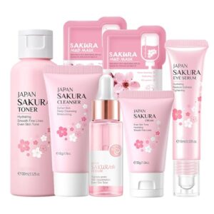 Sakura Korean Skin Care Set with Cleanser, Serum, Cream and Masks