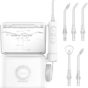 Sawgmore Water Dental Flosser Teeth Pick, 10 Adjustable Pressure, 600ml Large Capacity, Electric Oral Irrigator Water Floss for Teeth Cleaning, 5 Water Jet Tips for Family (White)
