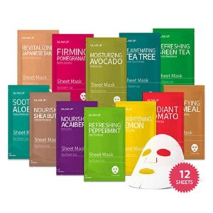 GLAM UP Premium Facial Sheet Mask Set, 12-Piece Korean Skincare Collection