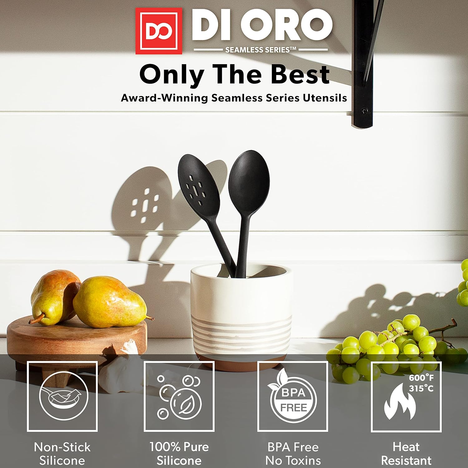 DI ORO Silicone Cooking Spoons - Solid & Slotted Set, 2-Pc Black 3 DI ORO Silicone Cooking Spoons - Solid & Slotted Set, 2-Pc Black - Image 3