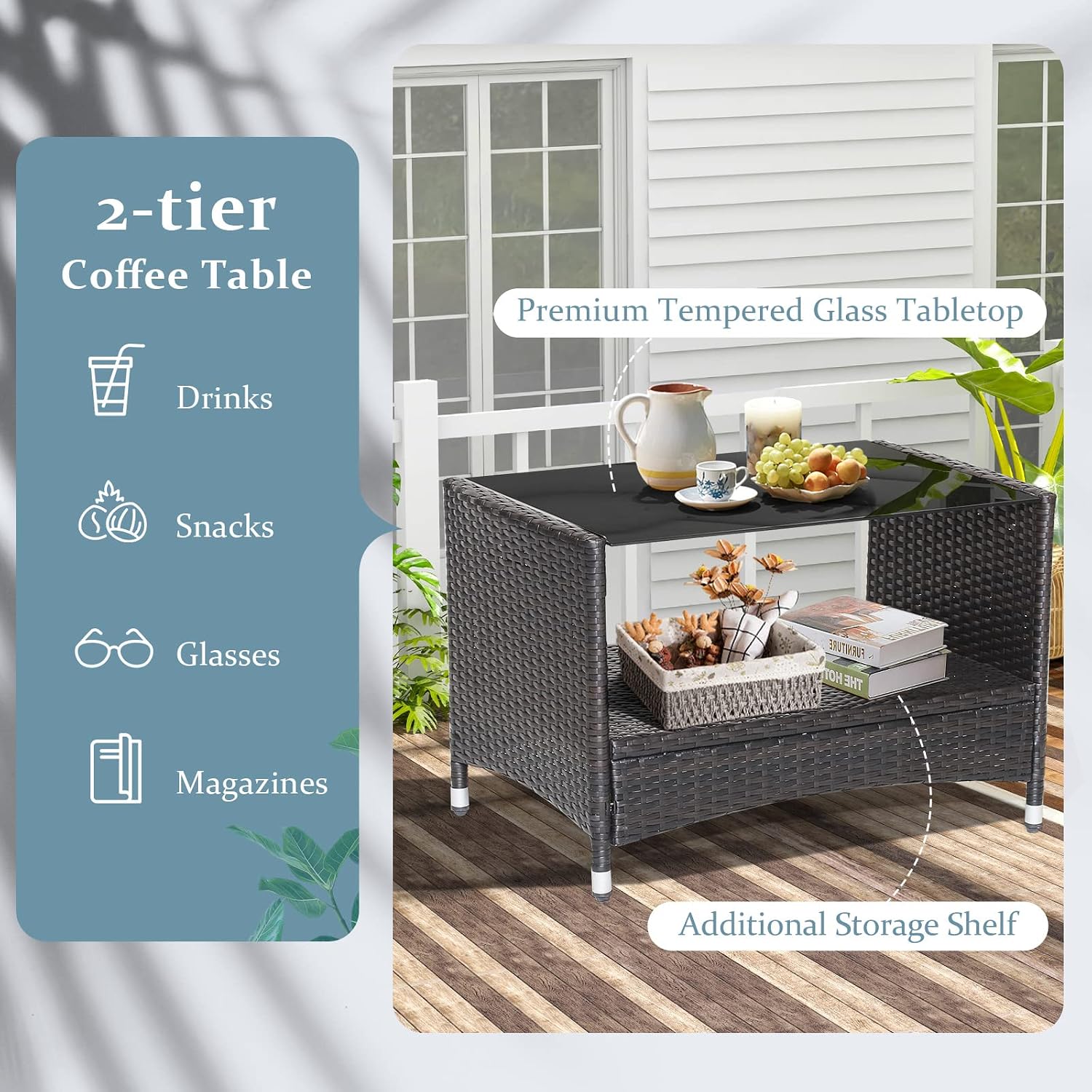 Tangkula 4 Pieces Patio Furniture Set, Patiojoy Outdoor PE Wicker Conversation Set with Soft Cushions and Tempered Glass Tabletop, Outdoor Garden Furniture Set with 2-Tier Coffee Table (Brown) 10 Tangkula 4 Pieces Patio Furniture Set, Patiojoy Outdoor PE Wicker Conversation Set with Soft Cushions and Tempered Glass Tabletop, Outdoor Garden Furniture Set with 2-Tier Coffee Table (Brown) - Image 10