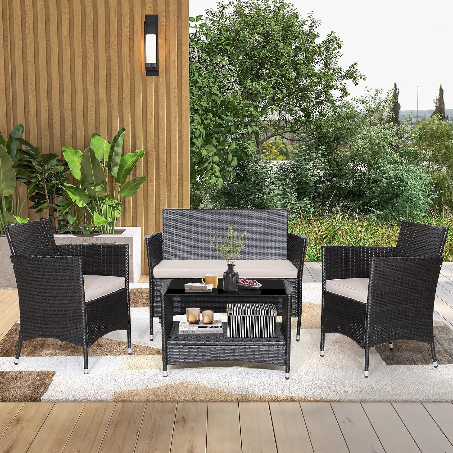 Tangkula 4 Pieces Patio Furniture Set, Patiojoy Outdoor PE Wicker Conversation Set with Soft Cushions and Tempered Glass Tabletop, Outdoor Garden Furniture Set with 2-Tier Coffee Table (Brown) 3 Tangkula 4 Pieces Patio Furniture Set, Patiojoy Outdoor PE Wicker Conversation Set with Soft Cushions and Tempered Glass Tabletop, Outdoor Garden Furniture Set with 2-Tier Coffee Table (Brown) - Image 3